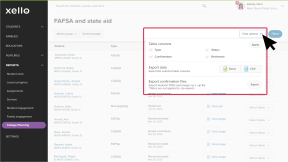 The FAFSA and state aid report. The Data options dropdown is open and highlighted. In the dropdown, there are options to remove table columns and to export the data to an Excel or CSV file